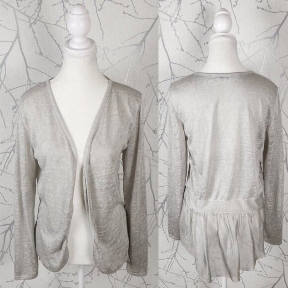Elena Baldi Ivory Silver Lightweight Knit Open Front Peplum Cardigan